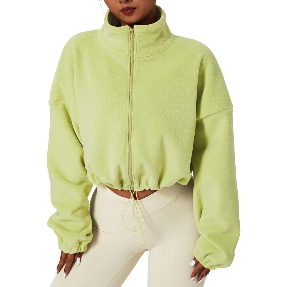 Women's Lime Green Zip Fleece Warm Winter Long Sleeve Stand Collar Sherpa Jacket